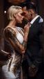 Placeholder: Jason david frank muscular male with short dark hair and tribal tattoos, wearing a designer suit, whispering in ear of young blonde woman, with short hair, wearing short white dress. fantasy, hyper realistic