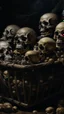 Placeholder: Bosch nightmares paining style Title:a basket in it a human skulls , 8k artistic photography, photorealistic concept art, soft natural volumetric cinematic perfect light, chiaroscuro, award-winning photograph, masterpiece, oil on canvas, Raphael, Caravaggio, Greg Rutkowski, people, beksinski, Giger