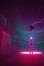 Placeholder: 3d, si-fi hunger , far away a girl in the middle stand on round platform, connected by wires , vr, beautifully color coded, super detailed, moody lighting, volumetric lighting, night time, mass effect, vertical glow, walls