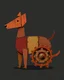 Placeholder: Illustration, comical dog created with disconnected shapes, shapes composed of flat rusted distressed metal panels. long irregular scalene triangle for head with oddly shaped ears, long neck connecting triangle head to oval body, with four legs and paws attached to body. A large rusted gear for the tail. whimsical, steampunk, dark distressed background.
