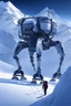 Placeholder: a sleek mechanical walker with eight legs scaling a very steep snow covered side of mout everest at night, it has a smooth surface, it has storage pods on its belly and humans can fit in the pods