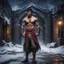 Placeholder: Hyper Realistic handsome muscular Aladdin with his prehistoric-costume standing bravely outside massive-dark-abandoned-factory-with-broken-windows-&-fancy-main-gate at dark snowfall night with dramatic & cinematic ambiance