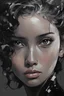 Placeholder: Portrait of a young woman with short black wavy hair covering her forehead with a medium-sized black horn sticking out. on the right side of her forehead, with gray eyes, with a darkskin complexion in Yoji Shinkawa style, with black and white colors.