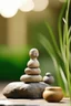 Placeholder: delicate background with spa stones and a bamboo stem, on a blurred background, a female curved statue sits on the stones, photorealistic photo