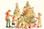 Placeholder: Christmas illustration, whimsical, detailed, warm colors, grainy texture, subject: decorating the christmas tree with a family, white background