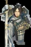 Placeholder: A handsome 30 year old knight, black hair, male bob haircut, in black-and-gold plate armor, golden katana in both hands, no beard, european, proper arms