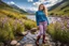 Placeholder: country side ,blue sky , mountains, pretty clouds ,small rocky river with clear water small rocks in floor,wild flowers,beautiful 18 year old girl with ash blonde hair and blue eyes with her curvy hair down, wearing a long-sleeved woollen top, and lilac long leggings, with long red boots full body standing pose shot