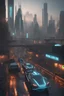 Placeholder: Dystopian Cyberpunk City, realistic 3d render, 4k resolution, look at the city street with hover cars and augmented humans