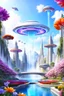 Placeholder: very beautiful, flowers, garden, cité futuriste ultra moderne, ufos, cascade colorée, dômes