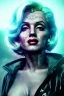 Placeholder: Ultra Realistic image, portrait, blonde woman, sweet Marylin Monroe face, perfect iris, glow eyes, glow makeup. Cyborg, Cyberpunk style, latex coat, tattoos body. fog, rain, soft color, highly detailed, unreal engine 5, ray tracing, RTX, lumen lighting, ultra detail, volumetric lighting, 3d, finely drawn, high definition, high resolution.