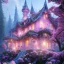 Placeholder: a magical flower bleu pink house in the woods, pink vertical, blue lake,sharp, vines, candlelit, endor, ornate, elegant, highly detailed, artstation, concept art, smooth, sharp focus, illustration, 8k, splash art, wallpaper, key visual