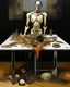 Placeholder: human body, universe-like table,complex surgical instruments mixed with human body-like musical instruments,minimalism,Painting By Adrian Ghenie, Rene Magritte, Lucian Freud