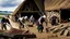 Placeholder: young and old people working in the field near medieval barns