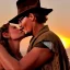 Placeholder: johnny depp as indiana jones kissing a model. at sunset, in egypt.