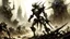 Placeholder: Illustrate a mesmerizing dystopian battlefield where biomechanical behemoths engage in a captivating dance of destruction. Blend the artistic influences of Frank Frazetta and Jean Giraud to capture the grace and chaos. Utilize Luis Royo's precision to showcase the intricate biomechanical components and emphasize the stoic, menacing aura of terminators."