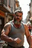 Placeholder: strong muscular chubby turkish carpenter in tank top, bull neck, tattoo, short beard, working in the middle of the street under the sun