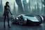 Placeholder: A Full-Length Pale Dark-Haired Woman With A Straight Bob Hairstyle With A Fringe, In A Futuristic Leather Outfit, And Gloves, Standing Next To A Futuristic Car, in a futuristic city