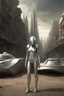 Placeholder: a photorealistic sleek, long, silver spaceship sitting in the street of a dystopian futuristic ruined alien city, with a woman in a silver suit, standing in front