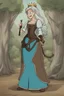 Placeholder: [Disenchantment, Bean] Queen Bean's royal attire was as unconventional as her personality. She wore a cyan tunic with white sleeves, brown leggings, and tied dark brown boots. A brown leather corset-like bodice cinched her figure, emphasizing her readiness for action. The belt, with a silver buckle, held a variety of pouches and tools, a testament to her readiness for any escapade that might come her way. Her freckled face bore a playful smirk, and her buck teeth and overbite lent her an endea