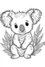 Placeholder: cute coloring page, sketch style, cute baby koala in the jungle, cute cartoon, white and black, withe background, no shadows, outline.