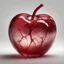 Placeholder: Produce a detailed and photorealistic 16K resolution CGI fine art image of a transparent apple crafted from fragile red glass. The apple contains numerous delicate cracks. It is positioned against a stark white background that presents a striking contrast. The image features intricate and exquisite details, with the apple looking incredibly lifelike, and its structural elements detailed to perfection. The lighting conditions are natural and dramatic, encouraging the reflective surfaces of the he