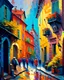 Placeholder: A vibrant, impressionist painting of a quaint, cobblestone street lined with colorful buildings, bustling with people and life, using loose brushstrokes and a lively color palette to convey the energy and charm of the scene.