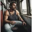 Placeholder: photography of a burly ugly beefy sicilian farmer 32 years old man sitting in the train, relaxing, in tank top and boxer, bulge, tattoo, broken teeth, serious, short beard, curly hairs , view from below, photorealistic, side lights, Ground-Shot Angle