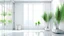 Placeholder: Minimalist background for video calls. Mostly white and serene, futuristic, with a very wide window and with some plants outside.