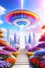 Placeholder: Ufo rainbow, futuriste ultra moderne,stairway to heaven,crystal very beautiful city,flowers garden