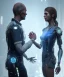 Placeholder: detroit become human, man, young women AI looking at each other, real Handshake with both hands, good detailed hands, sci-fi fantasy style, volumetric lighting, particales,highly detailed,cinamatic, deep colours,8k.