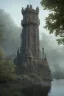 Placeholder: two-story Fantasy Gothic Tower with An Observation Platform, On A Rocky Island, In A Lake, In A Fantasy Woodland, with a bridge