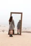 Placeholder: a woman standing in front of a mirror with reflection of her in a big city in the mirror, in the middle of the desert in foggy sky