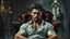 Placeholder: An epic dark fantasy oil painting of a handsome muscular nobleman seated in a luxurious Victorian armchair inside an ancient Gothic castle. Around 35 years old, with dark shoulder-length hair, a strong jawline, subtle beard, and piercing eyes locked directly on the viewer. His white shirt hangs partially open , in the background in victorian dress a vampire voman' blur shadow stands, deep colors, detalied, mystic, stunning
