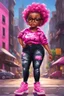 Placeholder: create an oil painting illustration of a chibi cartoon voluptuous black female. Wearing a tye dye blouse and tight black jeans with hot pink Nike sneakers. Prominent make up with hazel eyes and she is wearing pink glasses. Extremely Highly detail of a very low platinum shiny black pixie haircut. Background of a busy city street. 2k