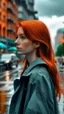 Placeholder: beautiful girl with red hair walking far away from music city and dreaming of a rainy world