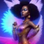 Placeholder: full body shot, masterpiece, best quality, black skinned, sparkling eyes, long hair, gorgeous African Fairy queen,wings,fluorescent skin,light blue makeup,synthwave, light indigo, trasparent , irridescent, highly detailed body, sun light, 4K, RAW, depth of field, high contrast, realistic details, 24mm vaporwave aesthetic, synthwave, artstation, concept art, smooth, extremely sharp detail, finely tuned detail, ultra high definition, 8 k, unreal engine 5, ultra sharp focus