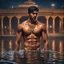 Placeholder: Hyper Realistic handsome Young shirtless muscular short hair Indian king with wet chest bathing in a lake outside traditionally beautiful Indian palace at night