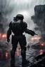 Placeholder: bloody single halo odst sad last stand moment with a single soilder fighting for there life cinamatic picture detailed rain and people in battlefeild with no help