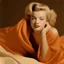 Placeholder: A photograph of marilyn monroe, childish face, eyes half closed, with bed hair, sitting, no make up, in the style of milton greene, pale orange silk scarf around her shoulders, beige bacground