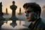 Placeholder: younger lifelike Treat Williams (as Berger from movie Hair) looking towards us in the cemetery, reflection, sunrise, Misty morning