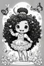 Placeholder: create a coloring page of a chibi ox with a curly afro ponytails dancing around hearts and butterflies. she smiles while shes playing , black and white