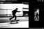 Placeholder: a black and white photo of a man on a skateboard in front of an improbability, a screenshot, featured on dribble, digital screenshot, dutch camera view, chasing a robber down a street, screenshots, video, still from a music video, odd, unsettling, absurd,