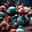 Placeholder: Close-up photograph of detailed creepy landscape made of cake-frosting, crystallizations, figure, animals, fungi, crystals, mineral concretions, sun, Amano, Roger Dean, strong texture, intricate, colours, Max Ernst, rich moody colors, bokeh, 33mm photography