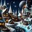 Placeholder: detailed creepy village made of cake frosting, melting steel, ice cream, strong texture, extreme detail, octane render, stars and planets, Yves Tanguy, Max Ernst