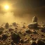 Placeholder: A striking quality photograph captures a wasteland with odd stones, liquids, spooky, creepy, details of the dust very accentuated, glossy, organic, adorned with minerals and rocks, fog. Bathed in intense light, eerie, Max Ernst style, black sun, fog