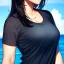 Placeholder: black haired woman, casual clotting, realistic, HD4k, watery cloud background, close up shot,