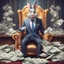 Placeholder: rich pig in suit on a throne making stacks of money by making a deal with a buisnessman. bugs bunny making sick beats in a background as he is known musician