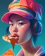 Placeholder: portrait d'une jeune femme de type asiatique. Elle porte un casque audio sur ses oreilles et une casquette avec une visière translucide colorée. Elle mange une part de tarte. Elle semble rebelle et fronce les sourcils. L'image est dynamique. Illustration type digital 2D très détaillée. HD, 8K.