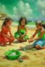 Placeholder: cuban little girls on the beach playing in the sand in de verte painting painting