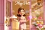 Placeholder: sign "Mon Petit" 3D video game character elegant young woman enthusiastically and cheerfully comes out of a dessert store, cake box in her hand, in the window cakes, cookies, macarons and flowers in sunshine